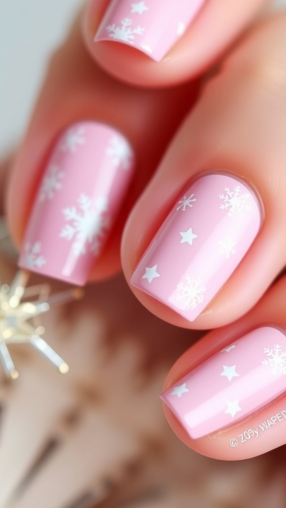 Minimalist pink Christmas nails with white snowflakes on a soft pink base.